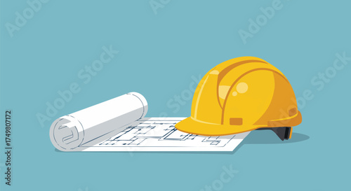 A construction blueprint with a yellow safety helmet, illustrating architectural plans and building design for a new project with a focus on safety.