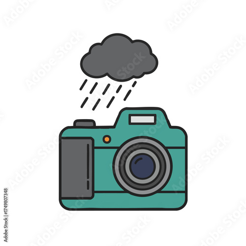 This vibrant teal digital camera, depicted under a somber gray rain cloud with falling drops, symbolizes the challenges of outdoor photography in inclement weather conditions.