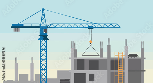 A vibrant illustration depicts a construction site with a towering crane lifting a beam, showcasing the building process in an urban setting.