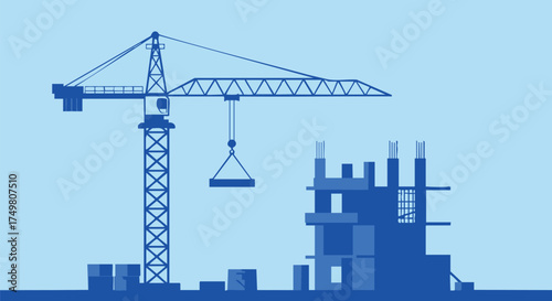 A stylized illustration depicts a construction site, featuring a towering crane and a building in progress, rendered in a monochromatic blue hue.