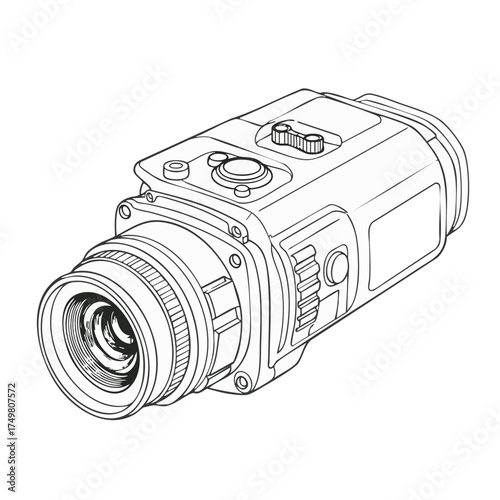 A detailed line art illustration of a modern handheld thermal imaging monocular, designed for advanced observation and surveillance in various conditions.