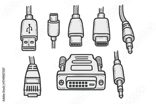 Assortment of essential computer peripheral and audio interface cable connectors