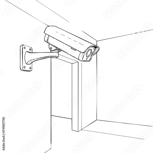 An illustrative line drawing depicts a modern CCTV security camera meticulously mounted on a building corner, symbolizing constant surveillance and protection.