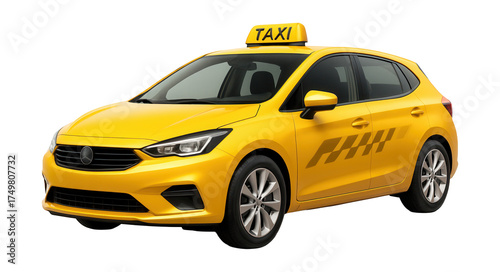 Obraz na płótnie Compact hatchback taxi featuring a rooftop sign and side graphics.