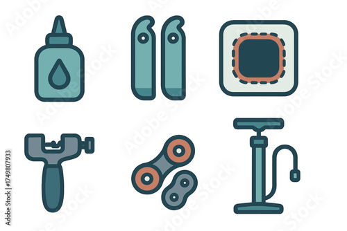 Essential bicycle repair and maintenance tools including pump, chain breaker, and tire levers