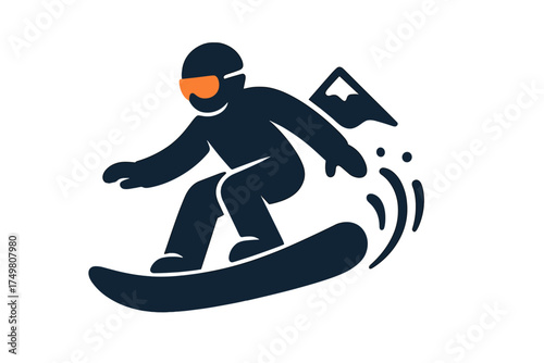 Dynamic silhouette of a snowboarder riding downhill creating a spray of fresh snow