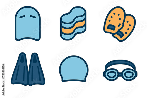 Essential gear for swimming and water sports training including kickboard and goggles