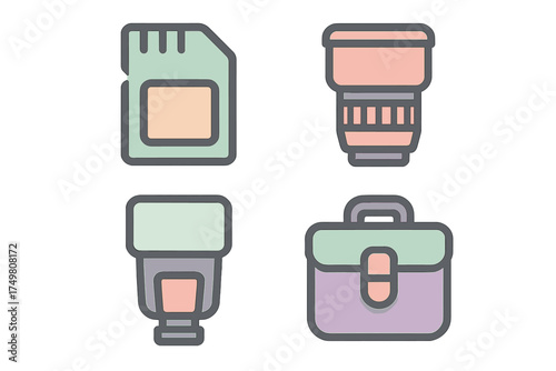 Professional photography gear set including memory card, camera lens, external flash, and carrying bag