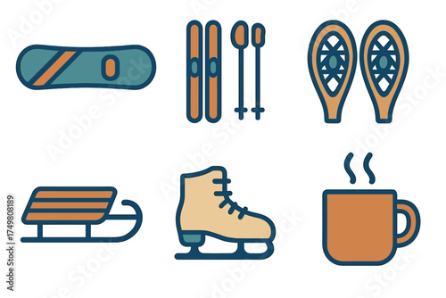 Winter sports and leisure equipment including snowboard skis snowshoes sled ice skate and hot cocoa beverage