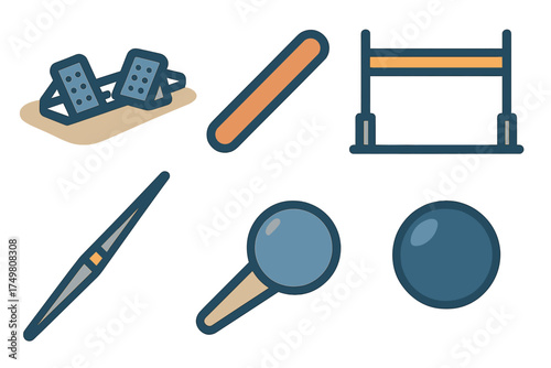 Collection of track and field athletic sports equipment elements in flat design style