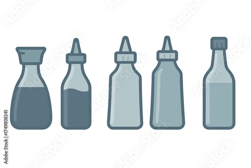 Collection of various kitchen condiment bottles and sauce dispensers in a row