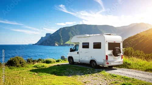 White Camper Van Traveling in Nature Landscape