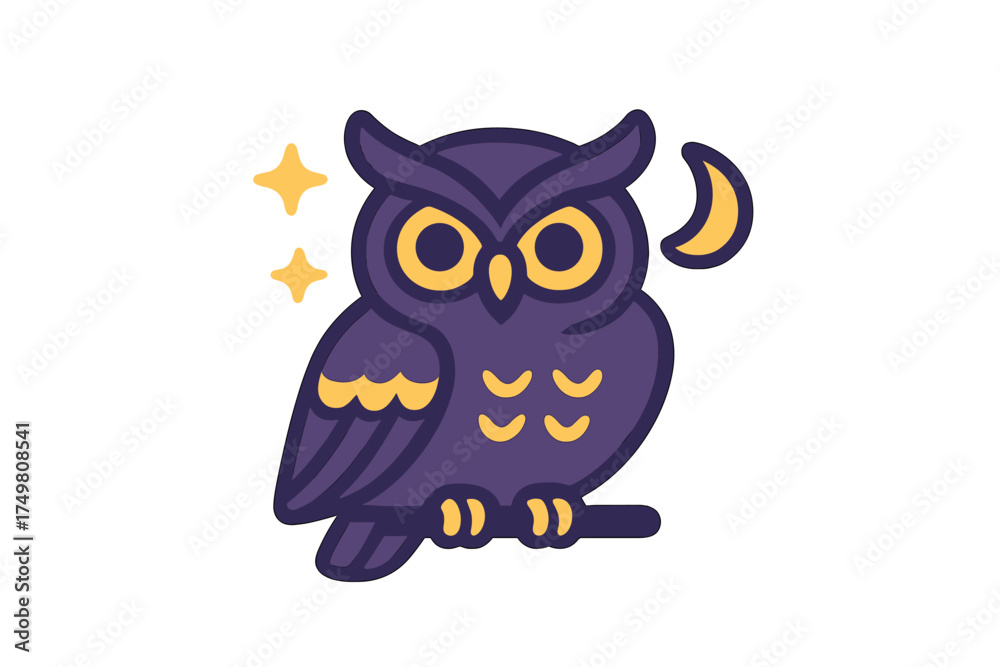 Fototapeta premium Stylized nocturnal owl sitting on a branch surrounded by sparkling stars and a crescent moon