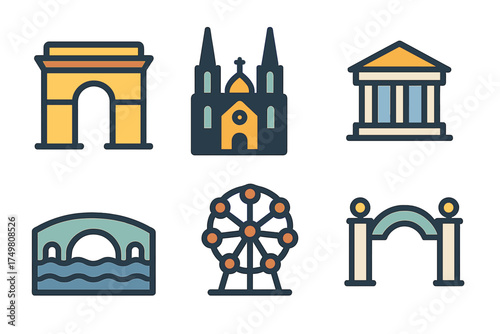 Set of famous architectural landmarks and historical travel destination symbols