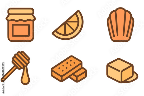 Set of sweet breakfast and baking ingredients icons including honey, citrus, biscuits, and butter