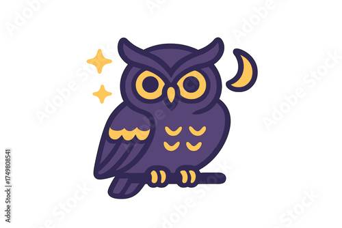 Stylized nocturnal owl sitting on a branch surrounded by sparkling stars and a crescent moon