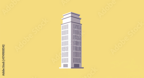 A minimalist illustration showcases a modern high-rise building, its geometric design standing tall against a vibrant yellow background, symbolizing urban growth.