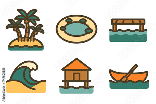 Tropical vacation symbols featuring palm trees, ocean wave, stilt house, and boat