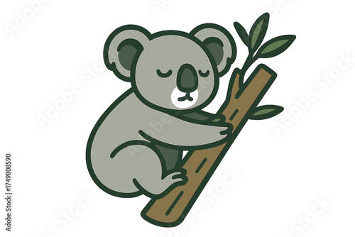 Adorable koala marsupial resting peacefully while clinging to a tree branch with green leaves