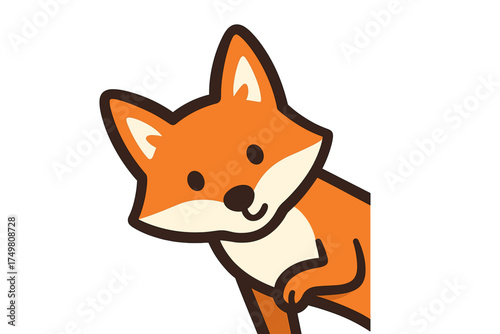 Adorable orange fox mascot character peeking around the corner on a white background