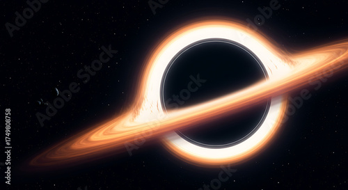 digital rendering of black hole with glowing accretion disk and gravitational lensing effects