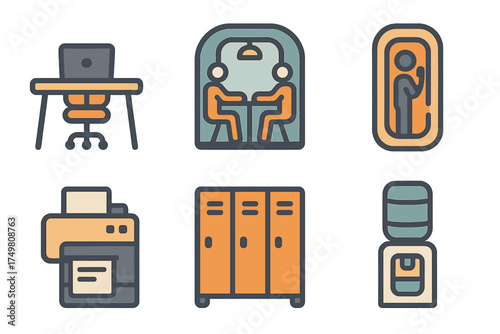 Set of essential office and workplace elements including desk, meeting area, printer, lockers, and water cooler