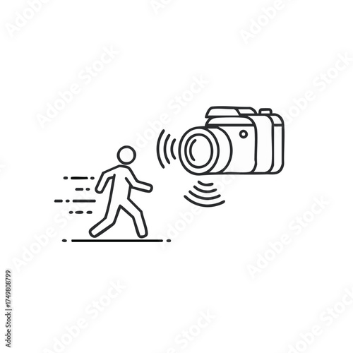 A minimalist line art icon depicts a person quickly moving away from a camera emitting sensor waves, symbolizing privacy concerns or motion detection.