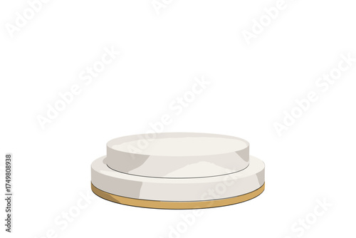 Minimalist two-tiered white cylindrical pedestal with golden accent base isolated