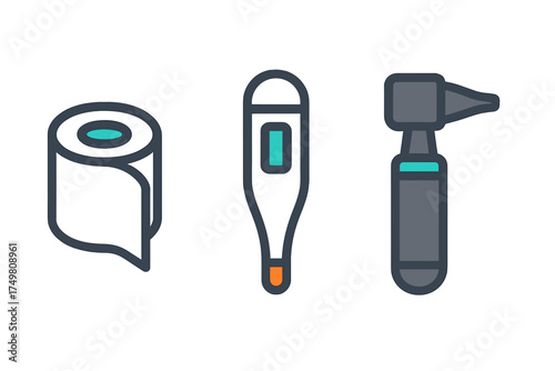 Collection of essential medical examination instruments and personal hygiene supplies used for health and wellness checks