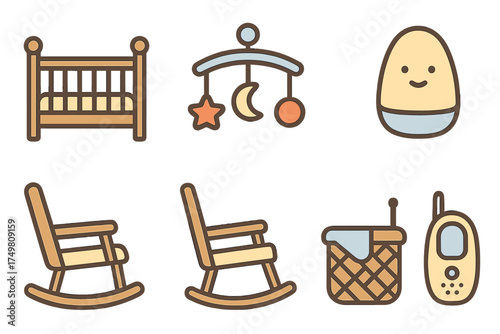 Collection of essential baby nursery furniture and equipment icons