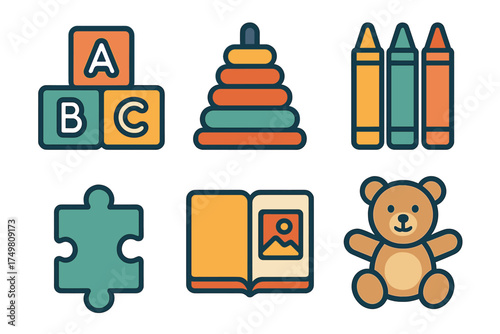 Collection of vibrant icons depicting educational toys and essential childhood play items