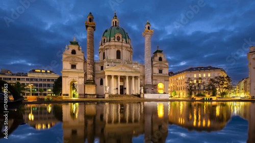 Vienna, Austria. View of St. Charles's Church (Karlskirche) at dusk (static image with animated sky and water)