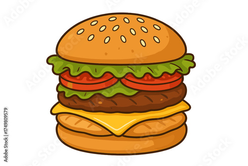Double cheeseburger with sesame seed bun and fresh vegetable toppings