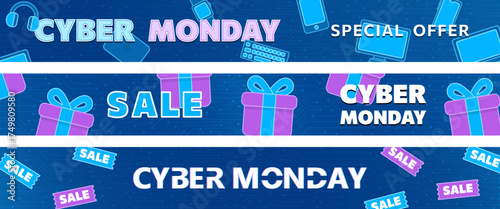 Cyber Monday sale panoramic banners with neon tech gadgets, purple gift boxes, tickets against blue circuit board background in flat vector illustration style. Bold headers for special offer promotion
