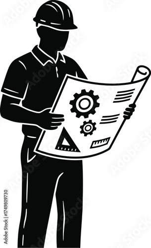Construction Worker Silhouette with Hard Hat and Blueprint

