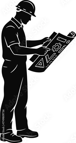 Construction Worker Silhouette with Hard Hat and Blueprint

