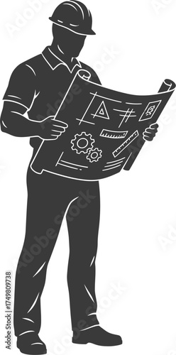 Construction Worker Silhouette with Hard Hat and Blueprint

