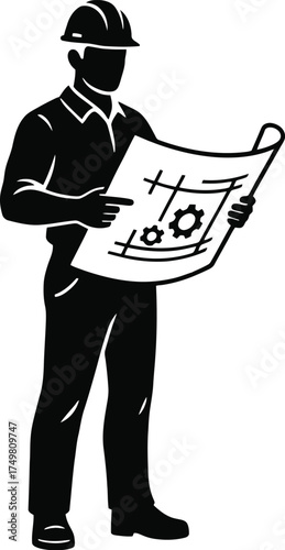 Construction Worker Silhouette with Hard Hat and Blueprint

