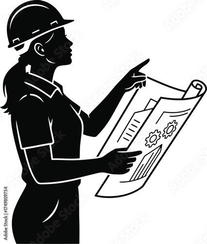 Construction Worker Silhouette with Hard Hat and Blueprint

