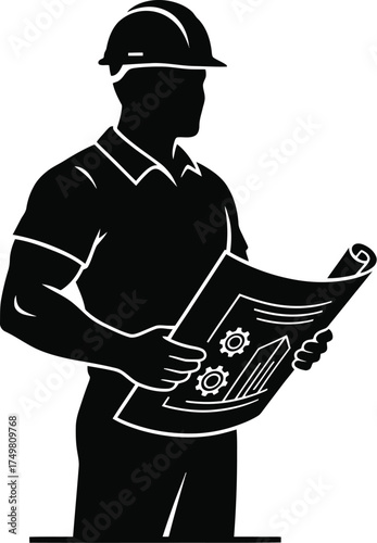Construction Worker Silhouette with Hard Hat and Blueprint

