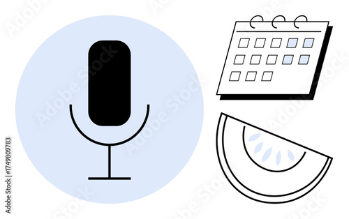 Microphone with circular stand, calendar with marked days, and melon slice. Ideal for communication, events, planning, time management, health balance and creativity. Simple flat metaphor