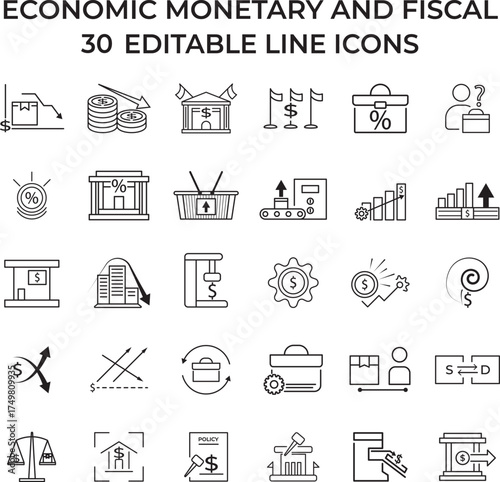 Economic monetary and fiscal editable line icons set. Perfect for finance presentations, banking web design, data analysis visuals, investment infographics, and modern economic strategy illustrations.