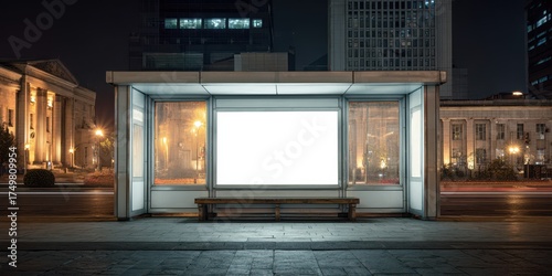Nighttime city bus stop shelter with blank advertising screen for mockups