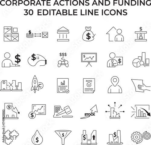 Corporate actions and funding editable line icons set. ideal for finance presentations, business planning, stock management, startup investment, mergers, and modern corporate financial strategy visual