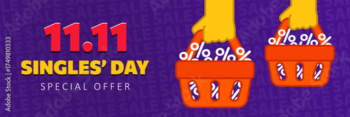 11.11 promo banner with hands holding shopping baskets full of percent signs, Singles’ Day special offer text on purple SALE background. Flat design promotion header, wallpaper for online shopping ads