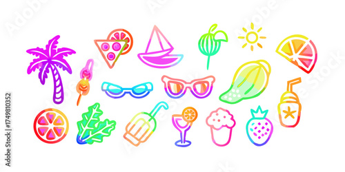 PNG Vibrant neon summer icons, element set on transparent background .vector icon
