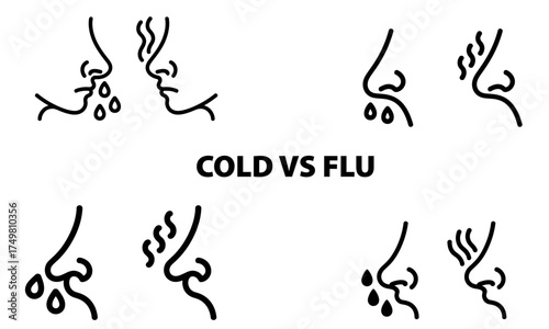 Cold versus flu medical illustration showing nose symptoms and sneezing signs  

