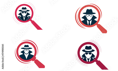 Spy search icon illustration showing detective figure under magnifying glass symbol  
