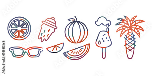 PNG Vibrant neon summer icons, element set on transparent background .vector icon
