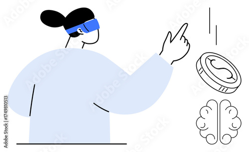 Woman wearing VR headset interacting with icons of brain and coin by pointing. Ideal for technology, innovation, AI, finance, decision-making, virtual interaction, future trends. Simple flat metaphor